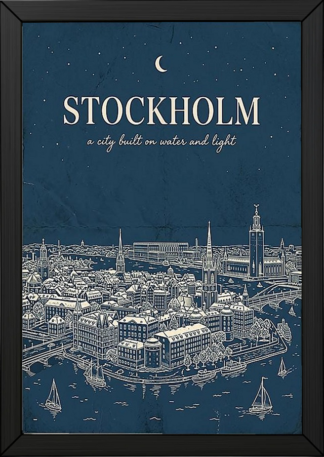 Stockholm Line Art Print — Navy Gamla Stan Old Town Skyline Wall Art