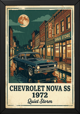 Chevrolet Nova SS 1972 Poster — Vintage Muscle Car Rainy Night Street Print