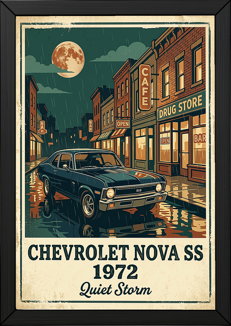Chevrolet Nova SS 1972 Poster — Vintage Muscle Car Rainy Night Street Print