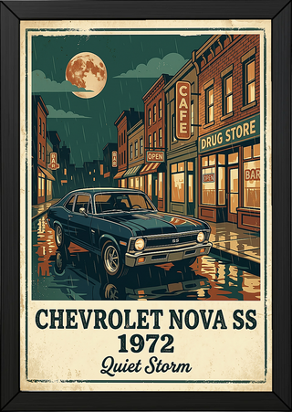 Chevrolet Nova SS 1972 Poster — Vintage Muscle Car Rainy Night Street Print