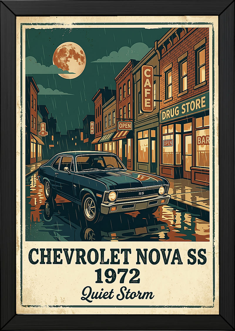 Chevrolet Nova SS 1972 Poster — Vintage Muscle Car Rainy Night Street Print