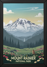 Mount Rainier National Park Poster — Vintage Washington Wildflower Marmot Print