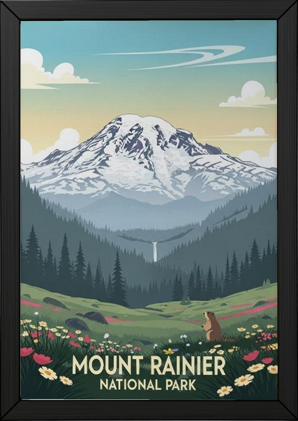 Mount Rainier National Park Poster — Vintage Washington Wildflower Marmot Print
