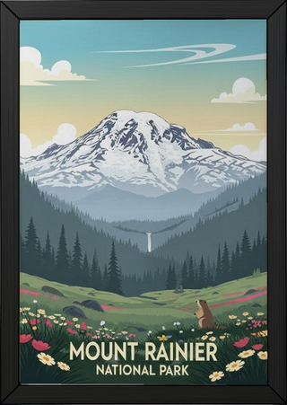 Mount Rainier National Park Poster — Vintage Washington Wildflower Marmot Print