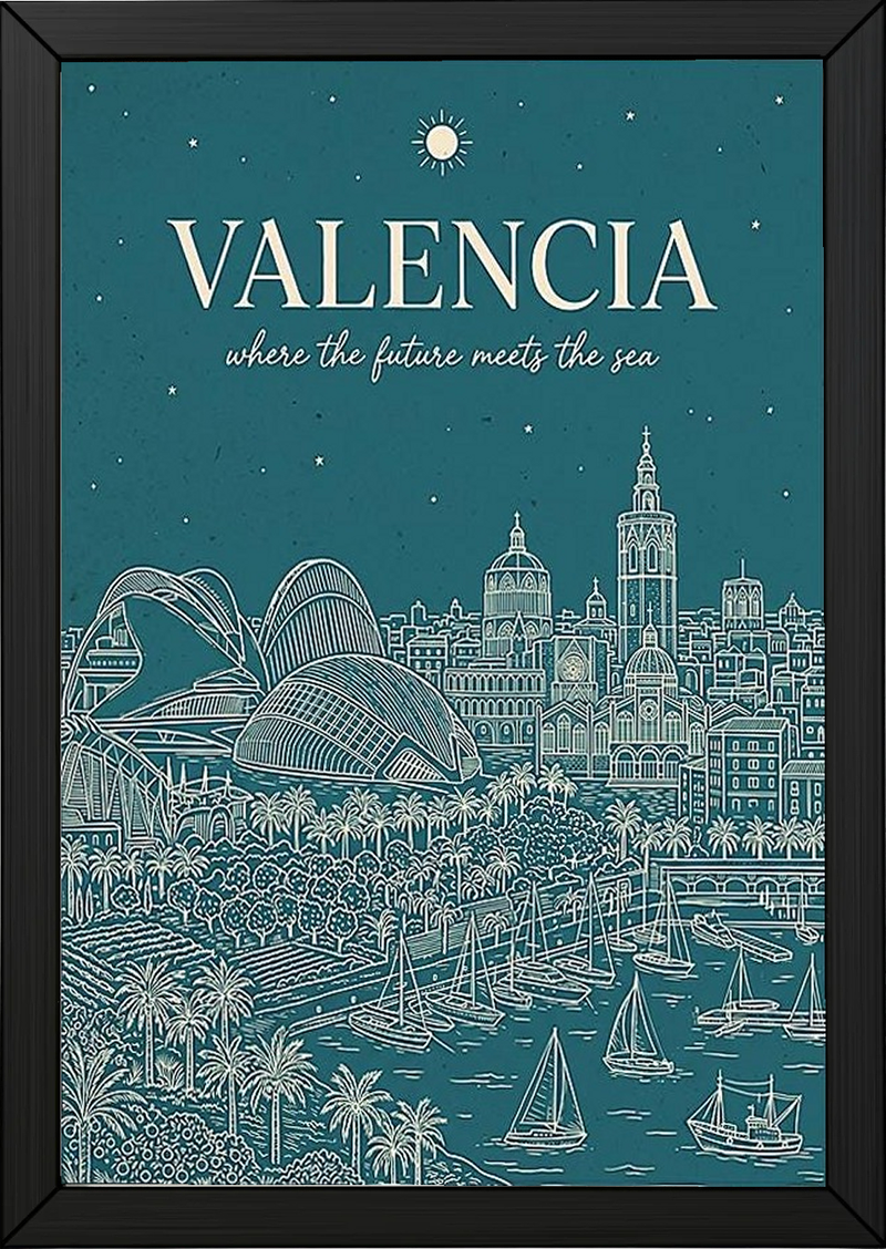 Valencia Line Art Print — Teal City of Arts Sciences Mediterranean Skyline Wall Art