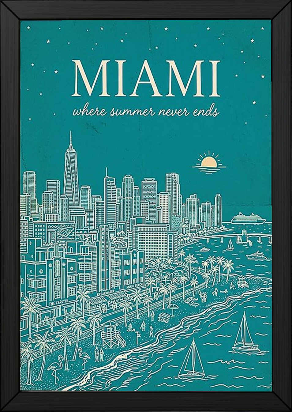 Miami Line Art Print — Teal South Beach Skyline Art Deco Wall Art