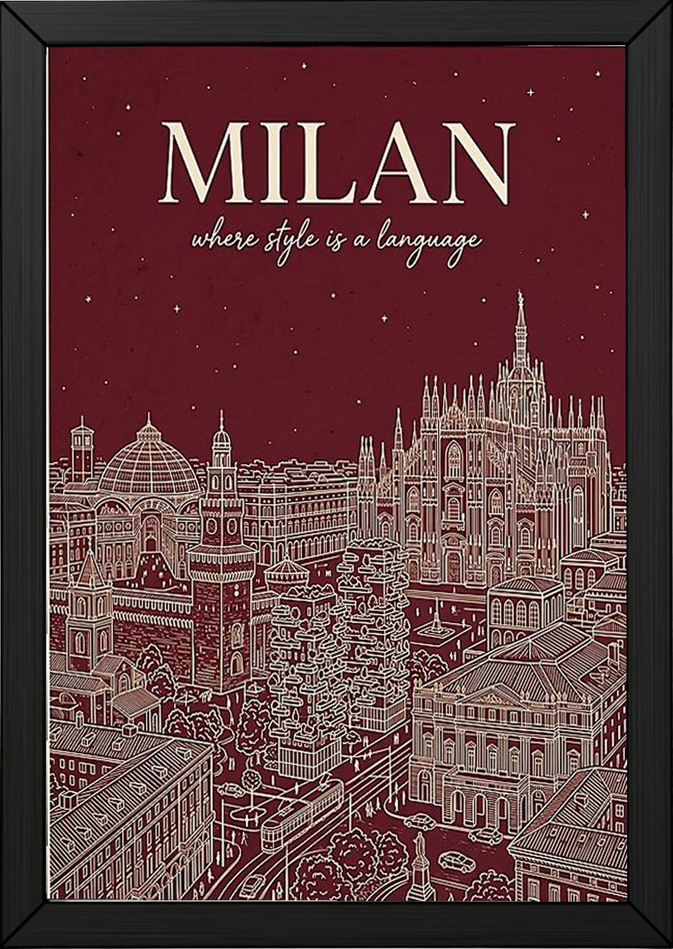 Milan Line Art Print — Wine Red Duomo Skyline Wall Art