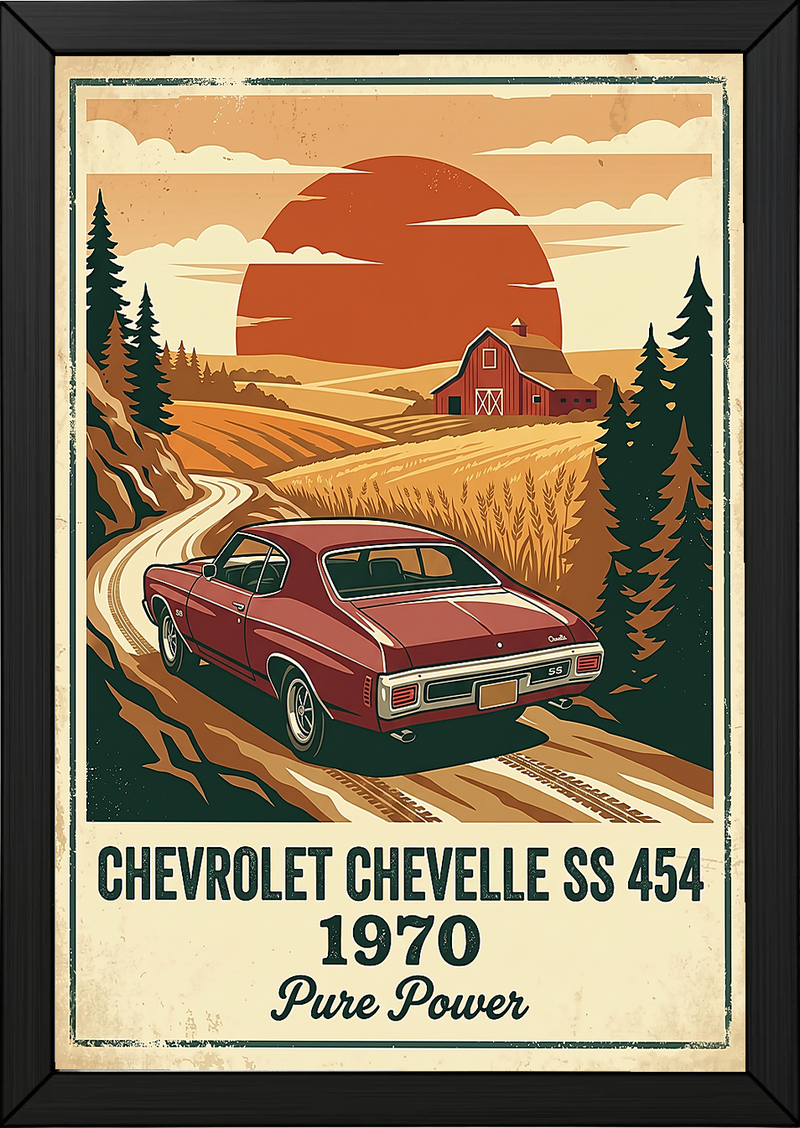 Chevrolet Chevelle SS 454 1970 V2 Poster — Vintage Muscle Car Wheat Field Sunset Print