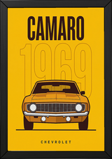 Chevrolet Camaro 1969 V2 Yellow Minimalist Poster — Muscle Car Line Art