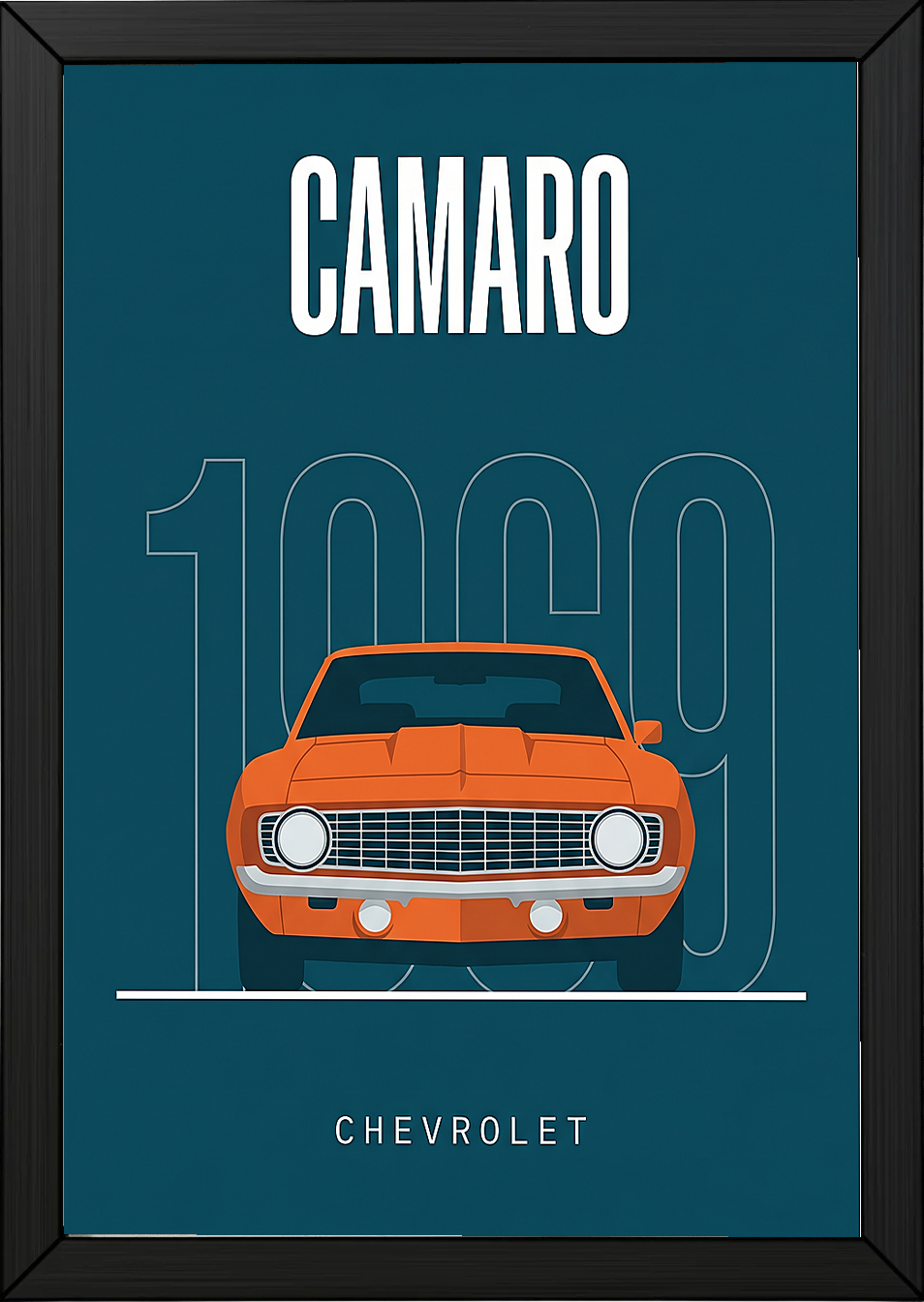 Chevrolet Camaro 1969 Minimalist Poster — Teal Muscle Car Line Art