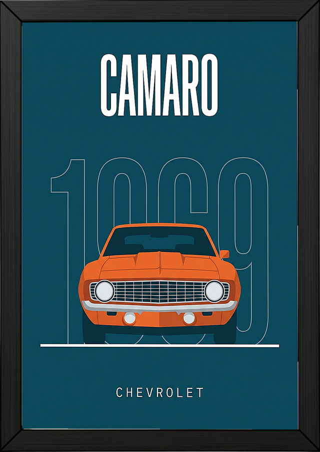 Chevrolet Camaro 1969 Minimalist Poster — Teal Muscle Car Line Art