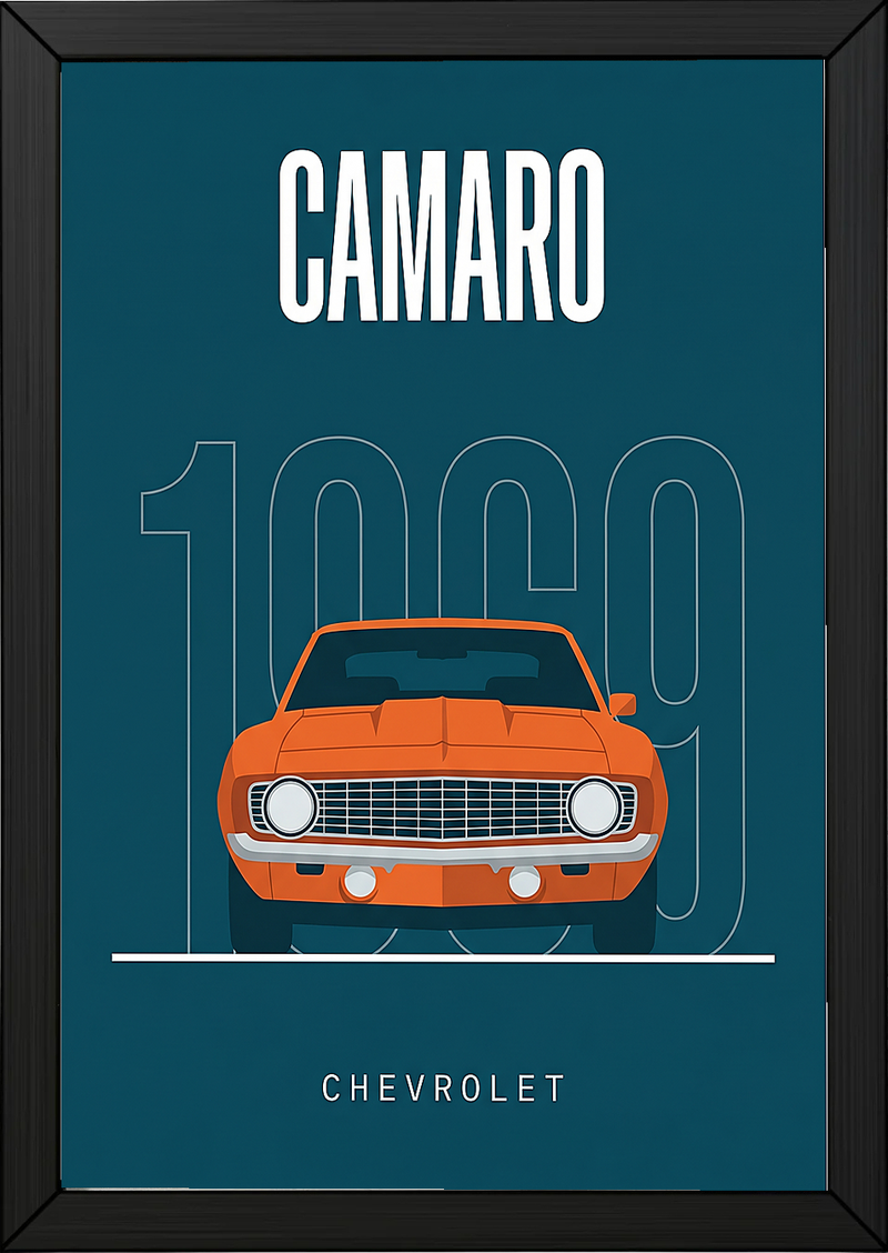 Chevrolet Camaro 1969 Minimalist Poster — Teal Muscle Car Line Art