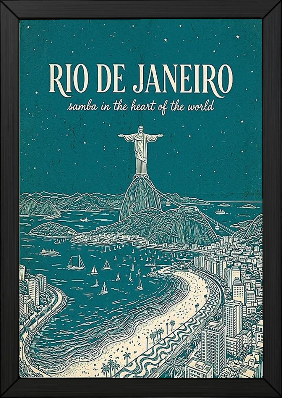 Rio de Janeiro Line Art Print — Teal Christ the Redeemer Copacabana Wall Art