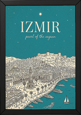 İzmir Line Art Print — Teal Clock Tower Kadifekale Aegean Coast Wall Art