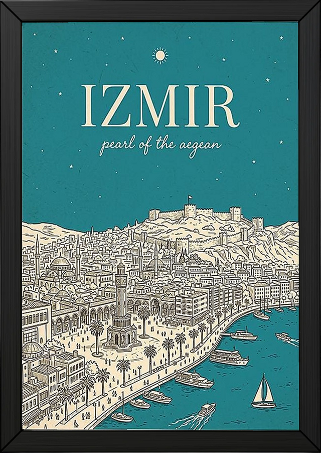 İzmir Line Art Print — Teal Clock Tower Kadifekale Aegean Coast Wall Art