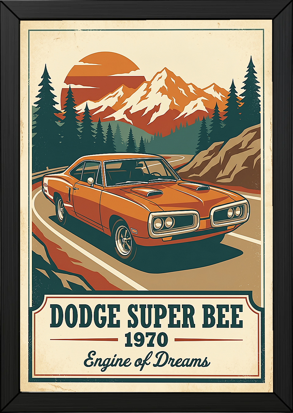 Dodge Super Bee 1970 V2 Poster — Vintage Muscle Mountain Pine Sunset Print