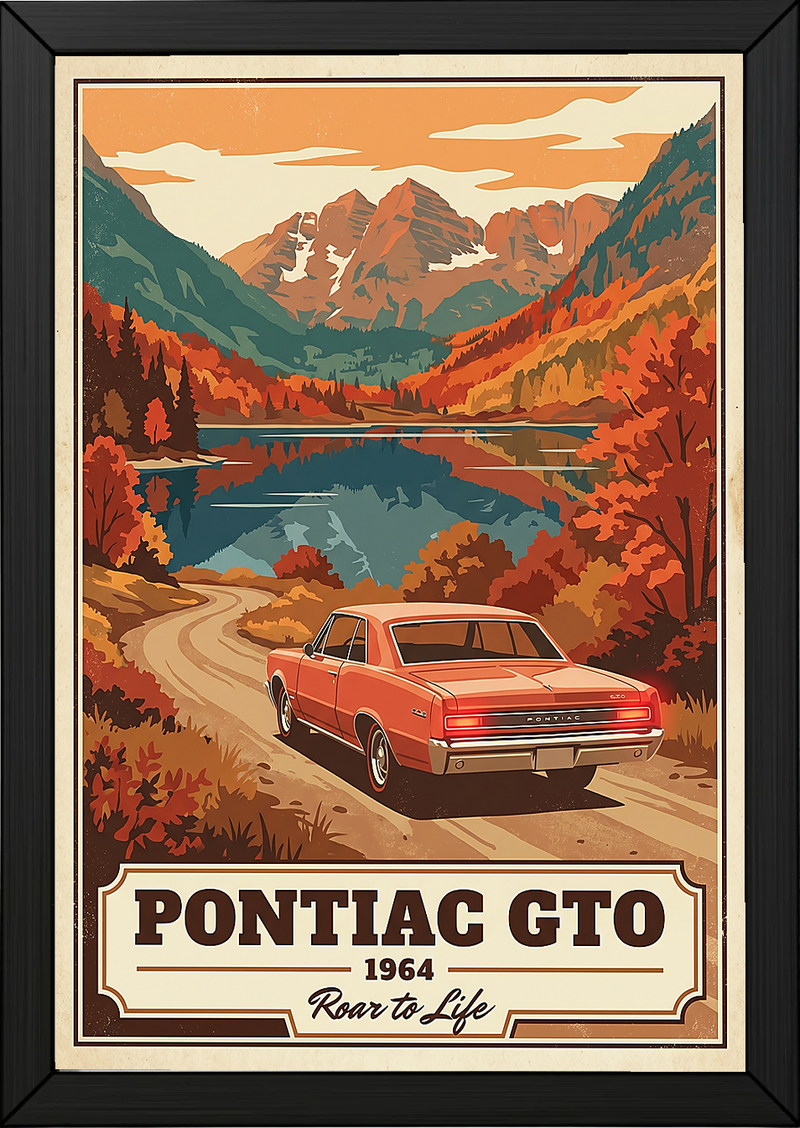Pontiac GTO 1964 V4 Poster — Vintage Muscle Autumn Mountain Lake Print