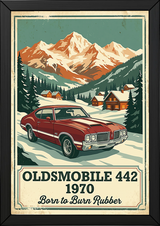 Oldsmobile 442 1970 V2 Poster — Vintage Muscle Winter Alpine Village Print