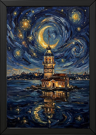 Maiden Tower Istanbul Crescent Moon Print — Van Gogh-Style Bosphorus Wall Art