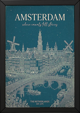 Amsterdam Line Art Print — Teal Canal Windmill Skyline Wall Art