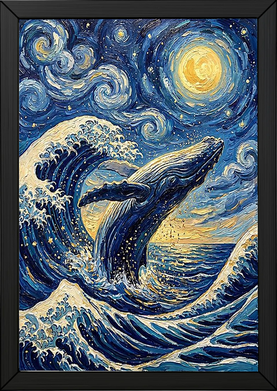 Breaching Whale Starry Night Print — Van Gogh-Style Ocean Humpback Wall Art
