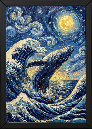 Breaching Whale Starry Night Print — Van Gogh-Style Ocean Humpback Wall Art