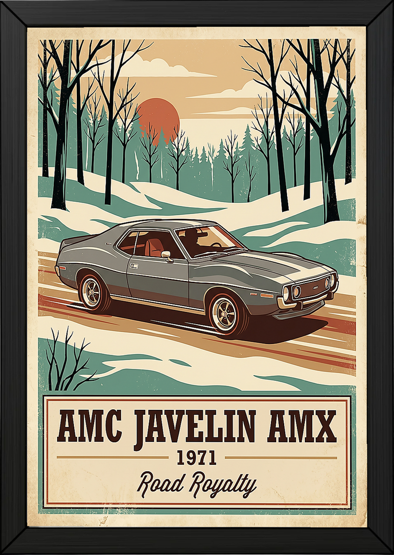 AMC Javelin AMX 1971 V2 Poster — Vintage Muscle Winter Snow Birch Forest Print
