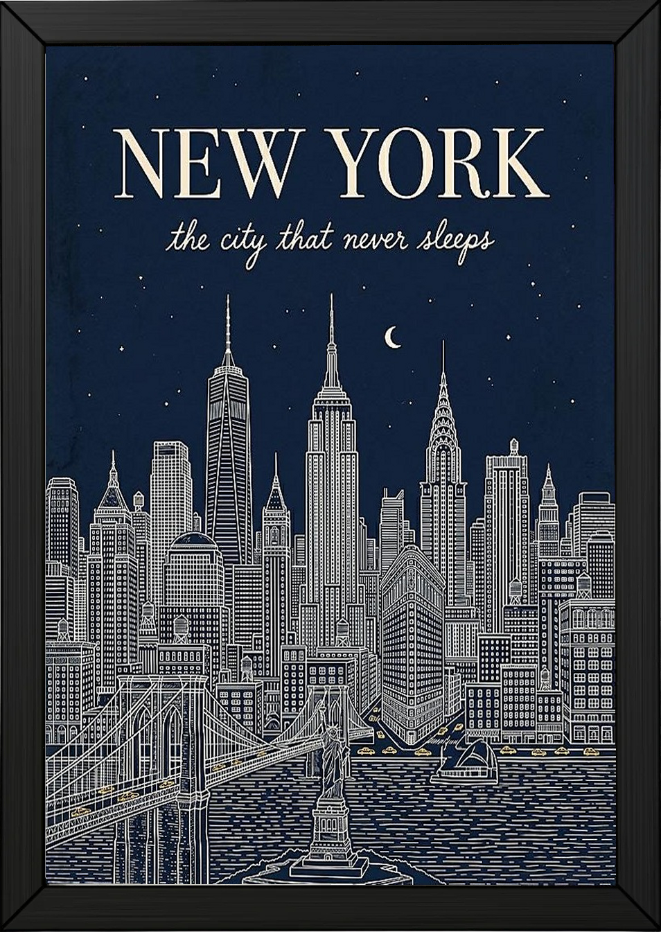 New York Line Art Print — Navy Manhattan Skyline Empire State Brooklyn Bridge Wall Art