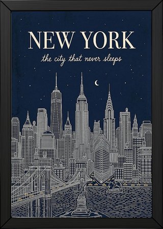 New York Line Art Print — Navy Manhattan Skyline Empire State Brooklyn Bridge Wall Art