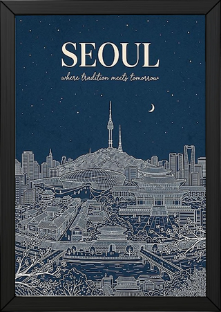 Seoul Line Art Print — Navy N Seoul Tower Gyeongbokgung Palace Skyline Wall Art