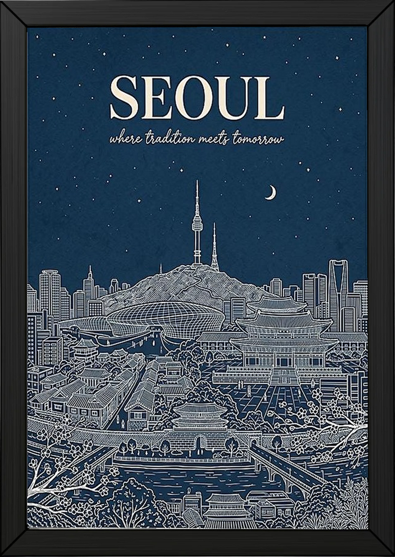 Seoul Line Art Print — Navy N Seoul Tower Gyeongbokgung Palace Skyline Wall Art