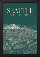 Seattle Line Art Travel Poster — Mount Rainier Cityscape Pacific Northwest Print