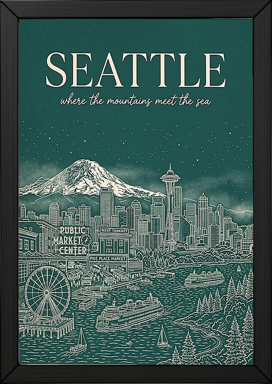 Seattle Line Art Travel Poster — Mount Rainier Cityscape Pacific Northwest Print