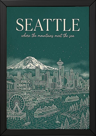 Seattle Line Art Travel Poster — Mount Rainier Cityscape Pacific Northwest Print