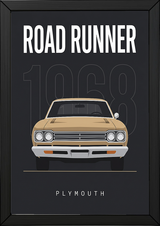 Plymouth Road Runner 1968 V2 Minimalist Poster — Sand on Charcoal Muscle Line Art