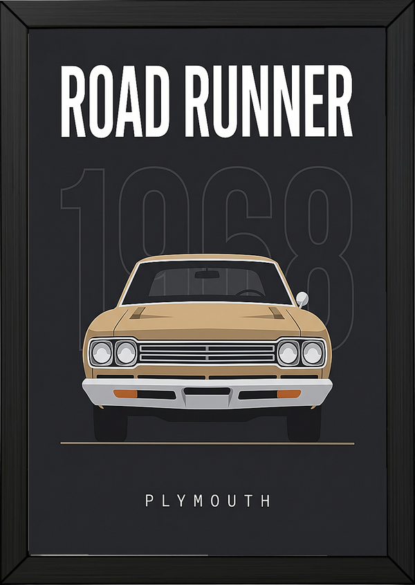 Plymouth Road Runner 1968 V2 Minimalist Poster — Sand on Charcoal Muscle Line Art