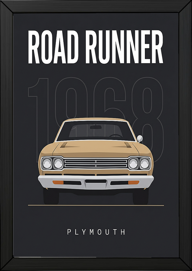 Plymouth Road Runner 1968 V2 Minimalist Poster — Sand on Charcoal Muscle Line Art