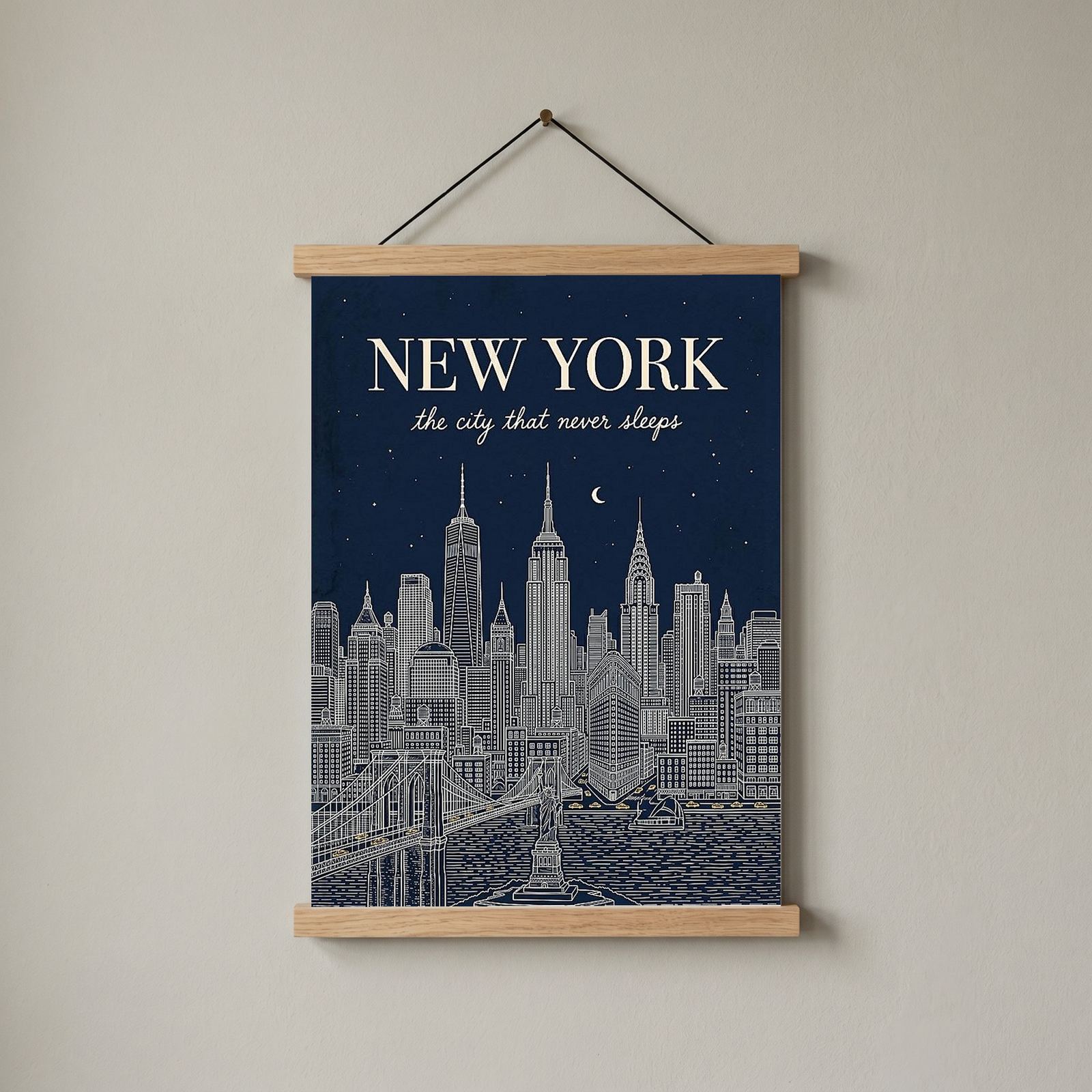 New York Line Art Print — Navy Manhattan Skyline Empire State Brooklyn Bridge Wall Art