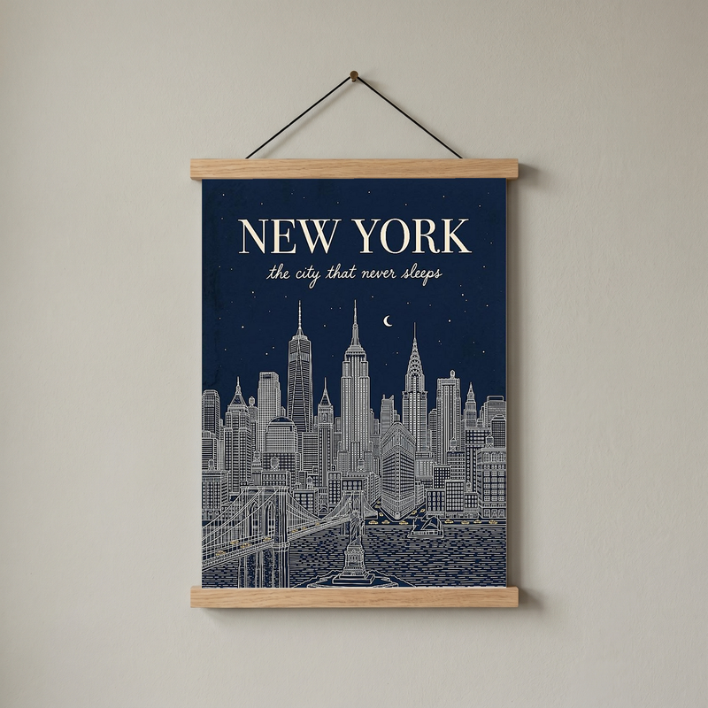 New York Line Art Print — Navy Manhattan Skyline Empire State Brooklyn Bridge Wall Art