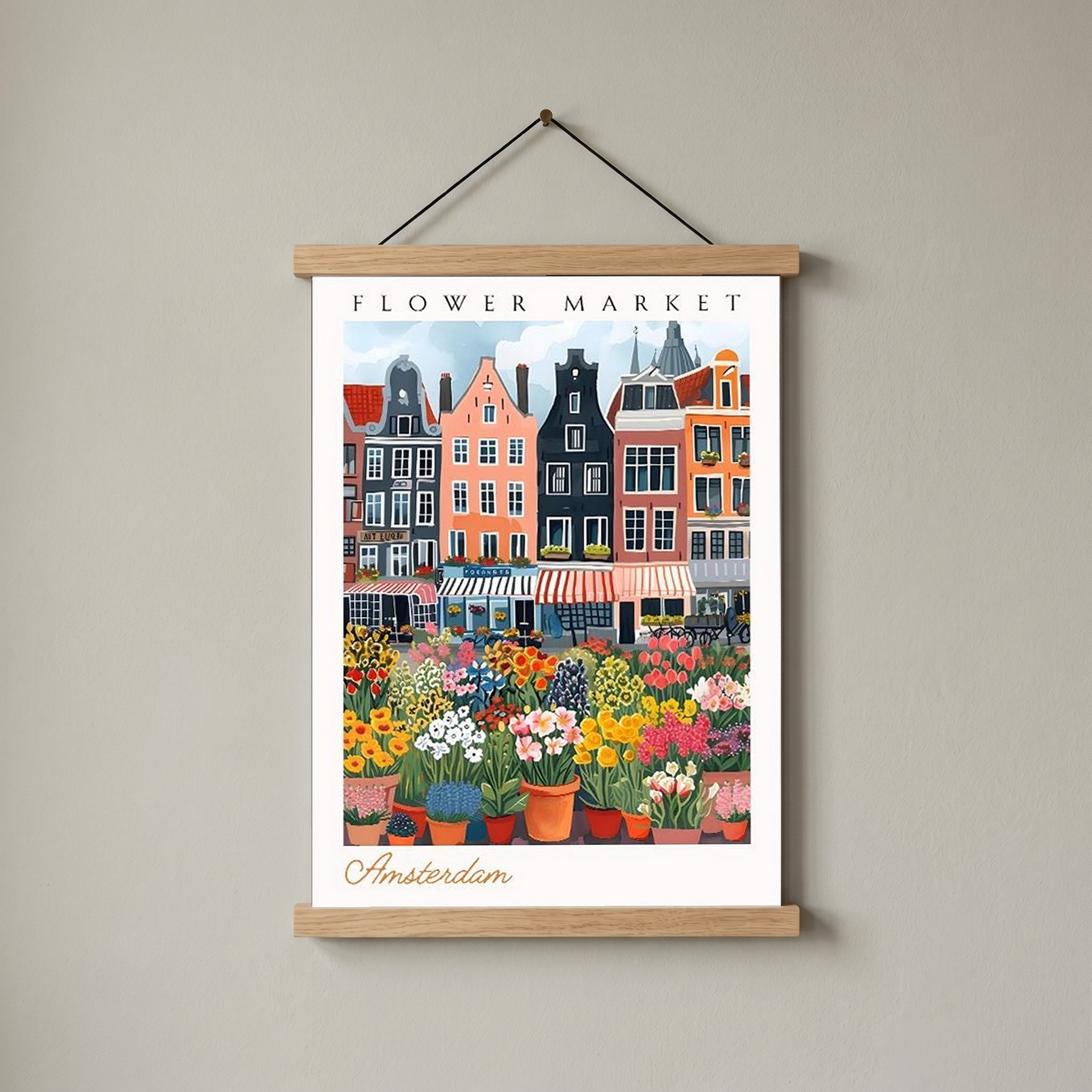 Amsterdam Flower Market Print — Canal Houses Tulip Cityscape Art