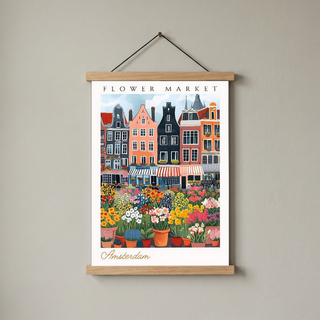 Amsterdam Flower Market Print — Canal Houses Tulip Cityscape Art