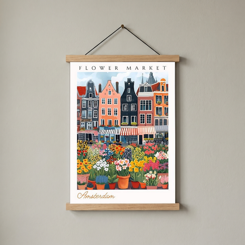 Amsterdam Flower Market Print — Canal Houses Tulip Cityscape Art
