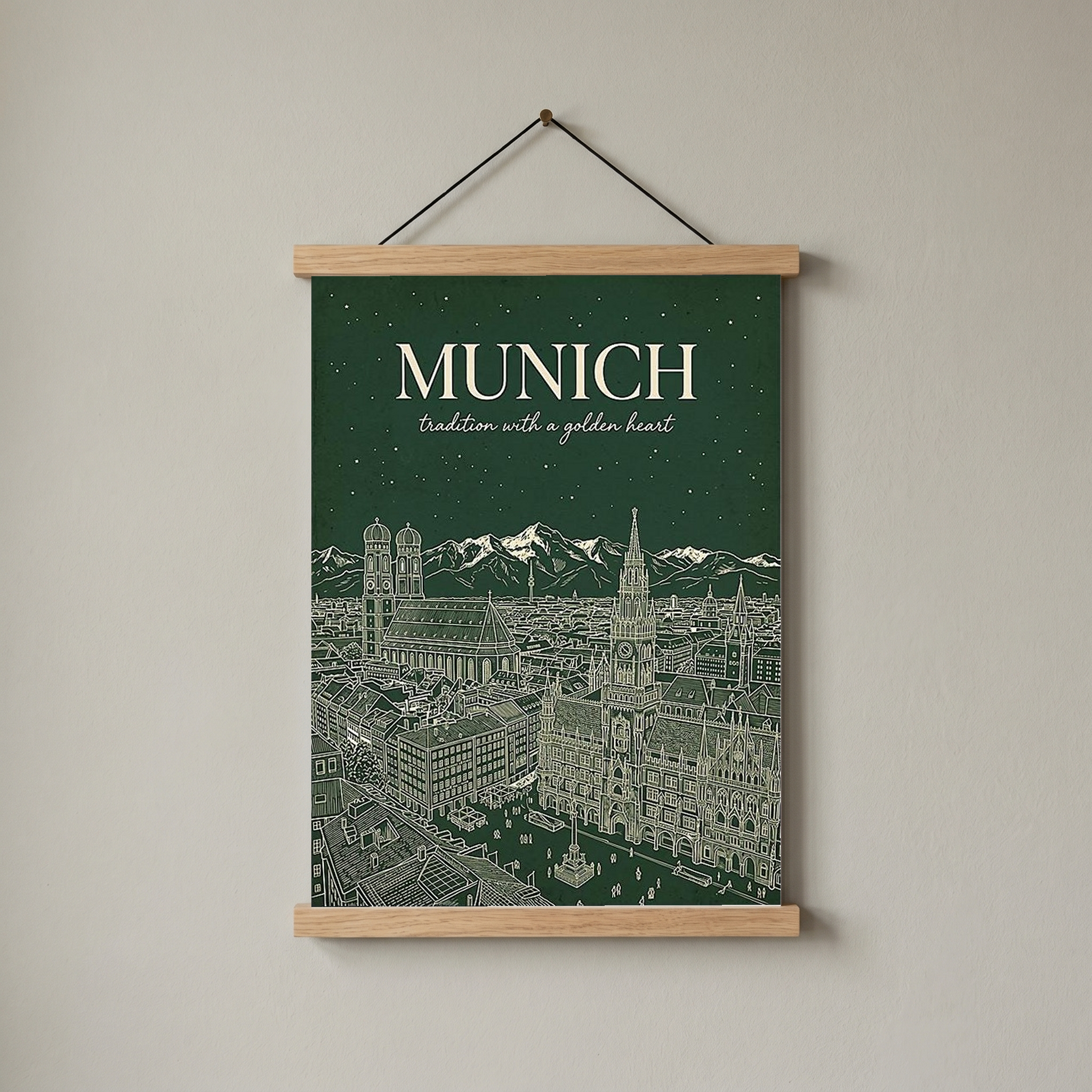 Munich Line Art Print — Forest Green Frauenkirche Marienplatz Skyline Wall Art