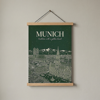 Munich Line Art Print — Forest Green Frauenkirche Marienplatz Skyline Wall Art