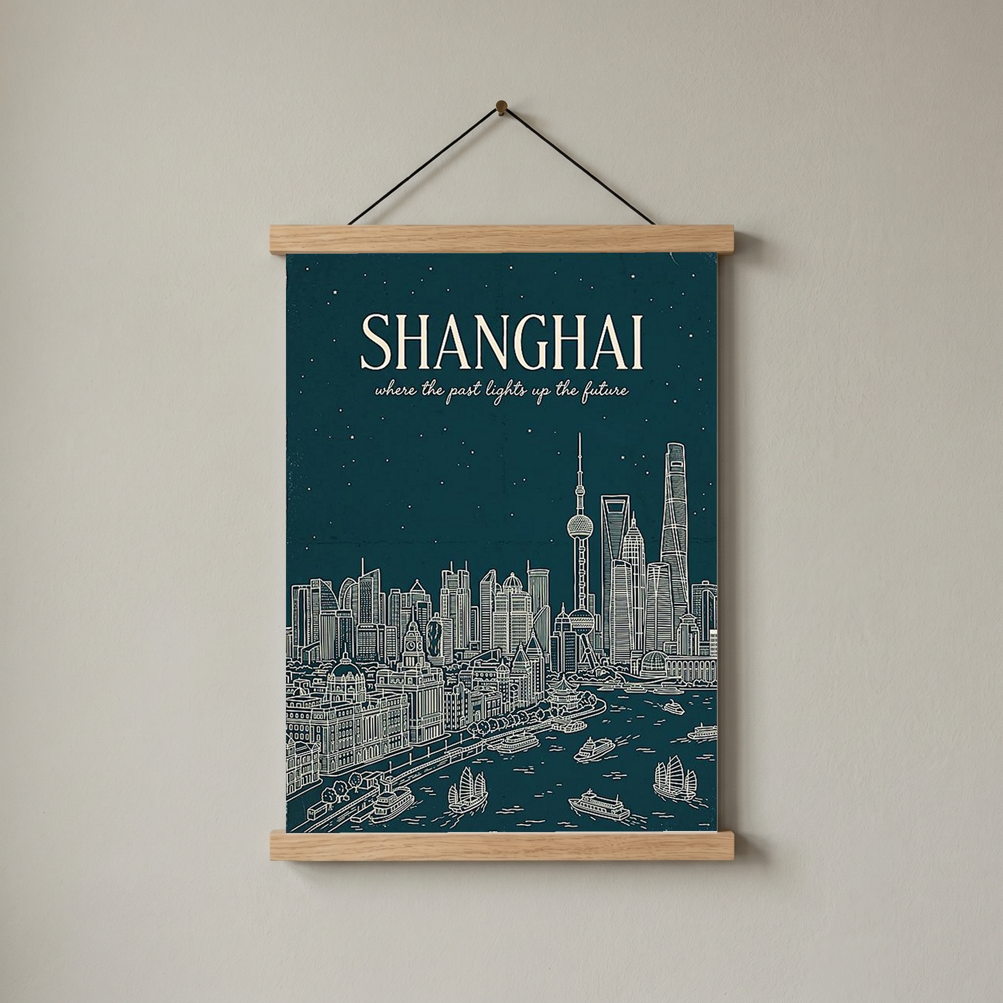 Shanghai Line Art Print — Teal Oriental Pearl Tower The Bund Skyline Wall Art