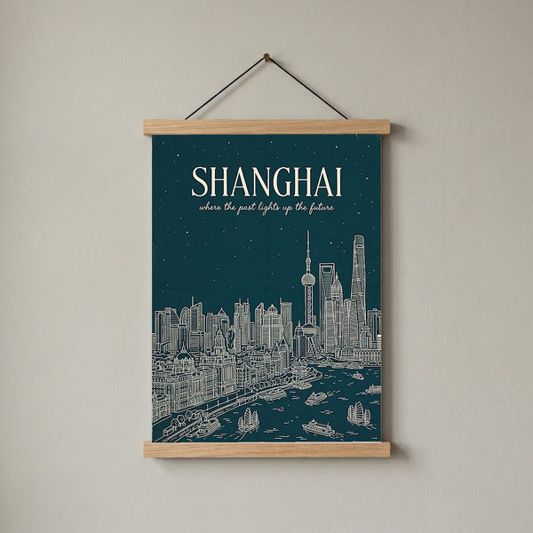 Shanghai Line Art Print — Teal Oriental Pearl Tower The Bund Skyline Wall Art