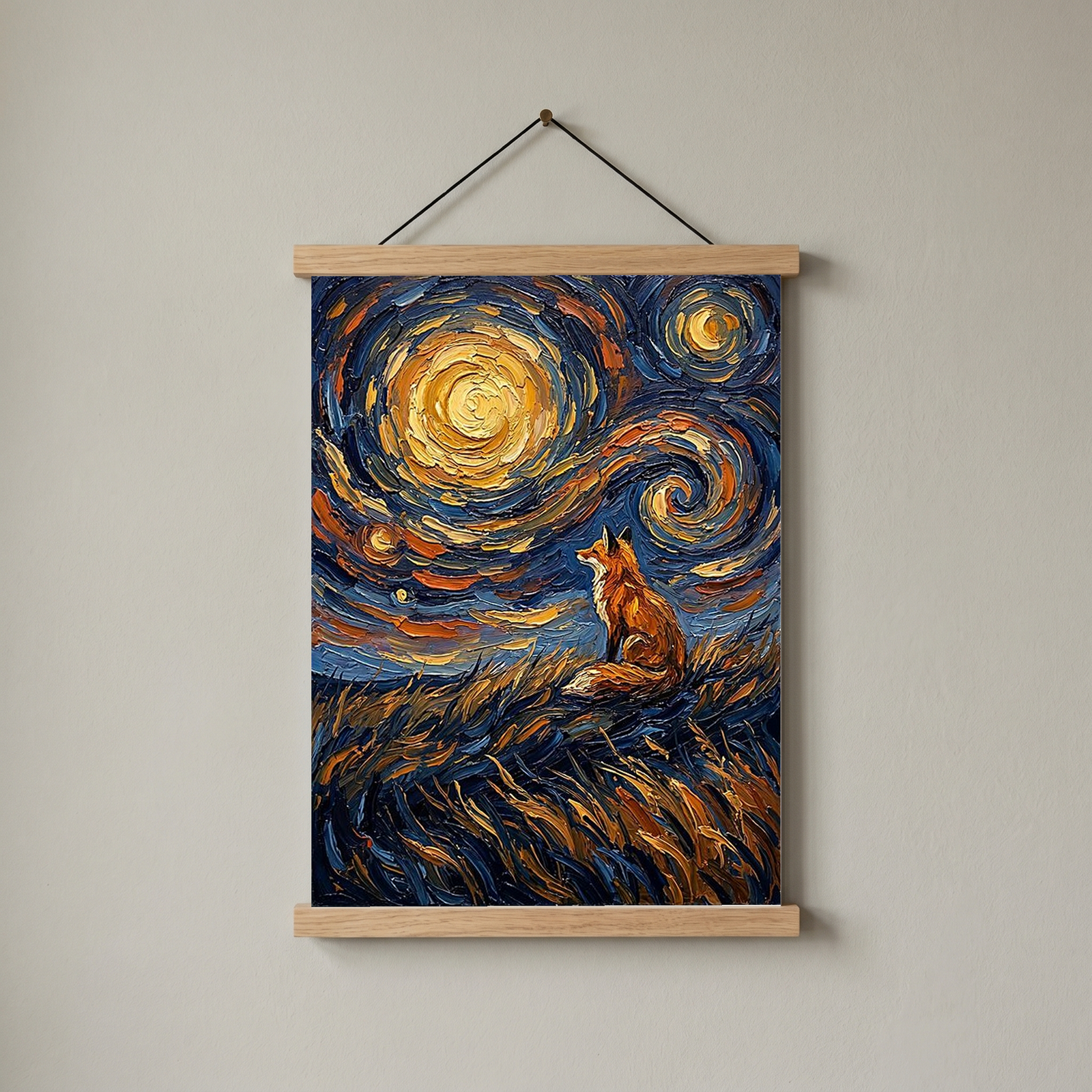Lone Fox Starry Night Print — Van Gogh-Style Wildlife Hillside Wall Art