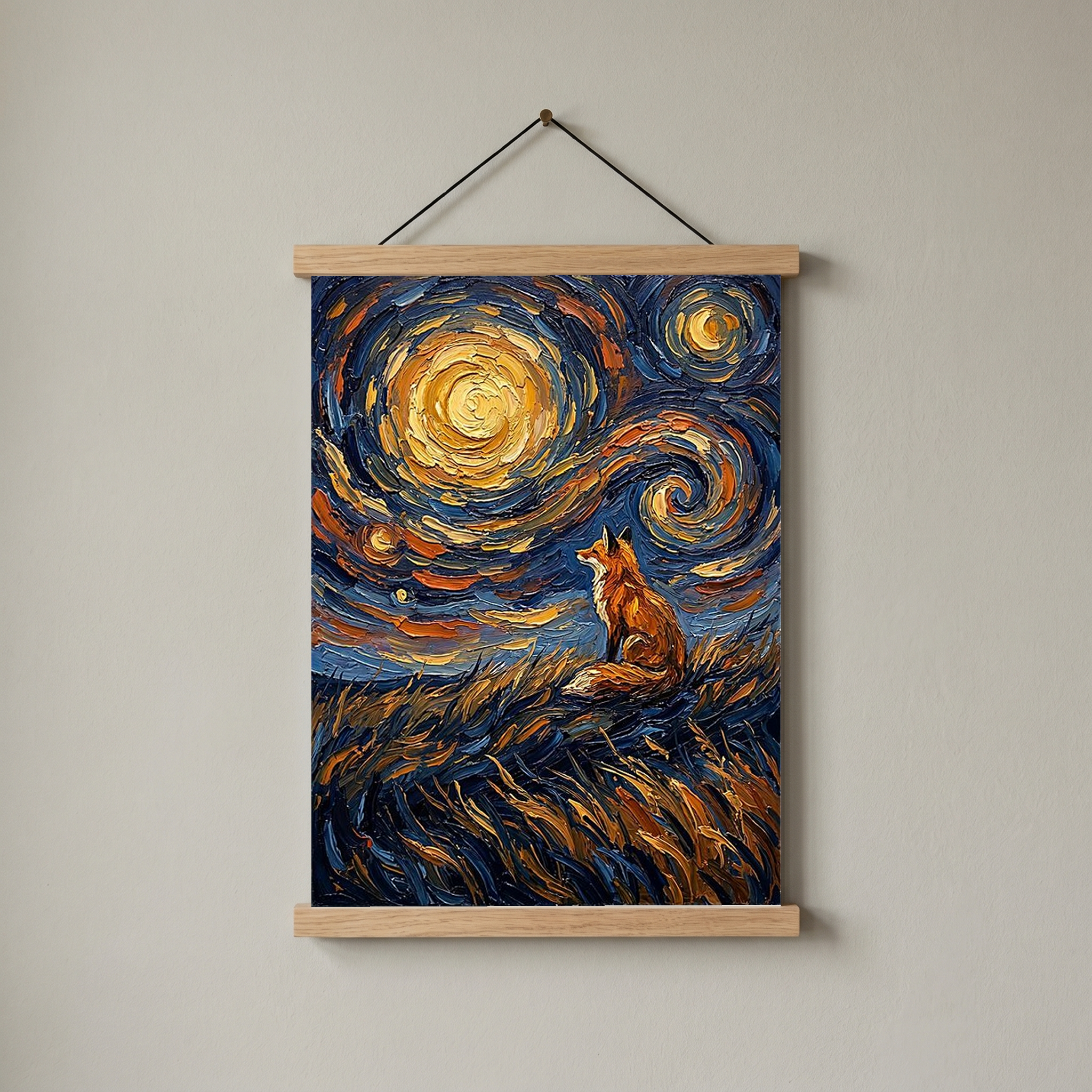 Lone Fox Starry Night Print — Van Gogh-Style Wildlife Hillside Wall Art