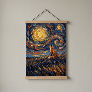 Lone Fox Starry Night Print — Van Gogh-Style Wildlife Hillside Wall Art