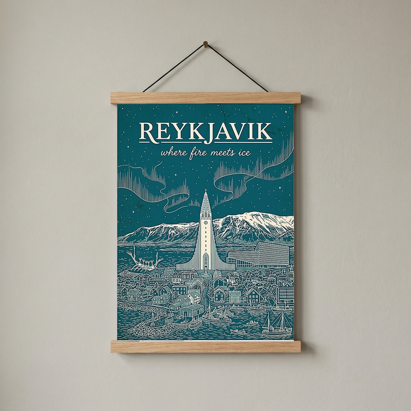 Reykjavik Line Art Print — Teal Hallgrímskirkja Aurora Skyline Wall Art
